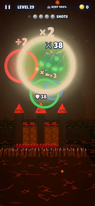 Catapult: the army flying through a ×2 ring towards a fortress